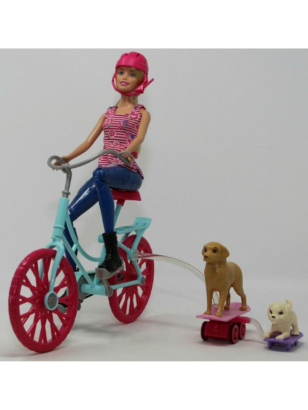 Barbie Spin N Ride Pups Playset 2014 Mattel Doll Bike Dogs Discontinued HTF EUC
